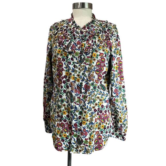 Talbots Ruffle Neck Floral Blouse Size M Long Sleeve Button Front - Picture 1 of 7